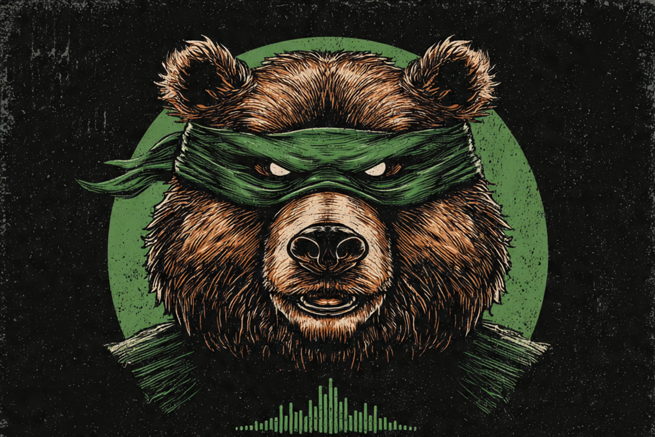 Illustrated bear wearing a green mask