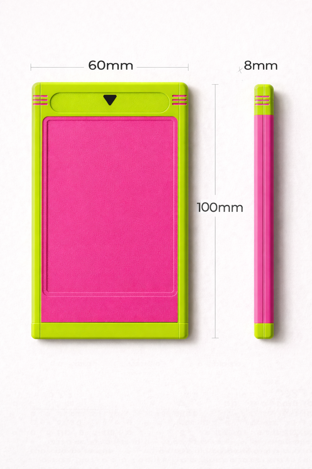 Pink and acid-green album cartridge concept shown from front and side