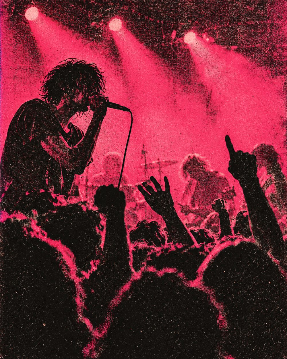 Magenta and black halftone concert artwork with a singer and raised hands in the crowd